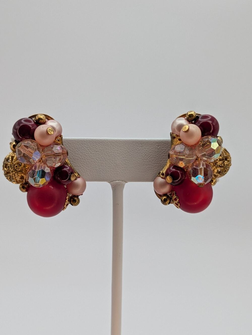 Vintage Cranberry And Pink AB Clip On Cluster Earrings With Gold Tone Filligree